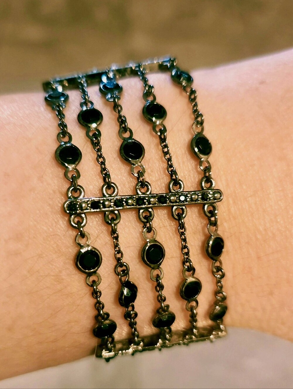 Vintage Monet 5-Row Black Crystal Gunmetal Cuff Toggle Bracelet 1990s
